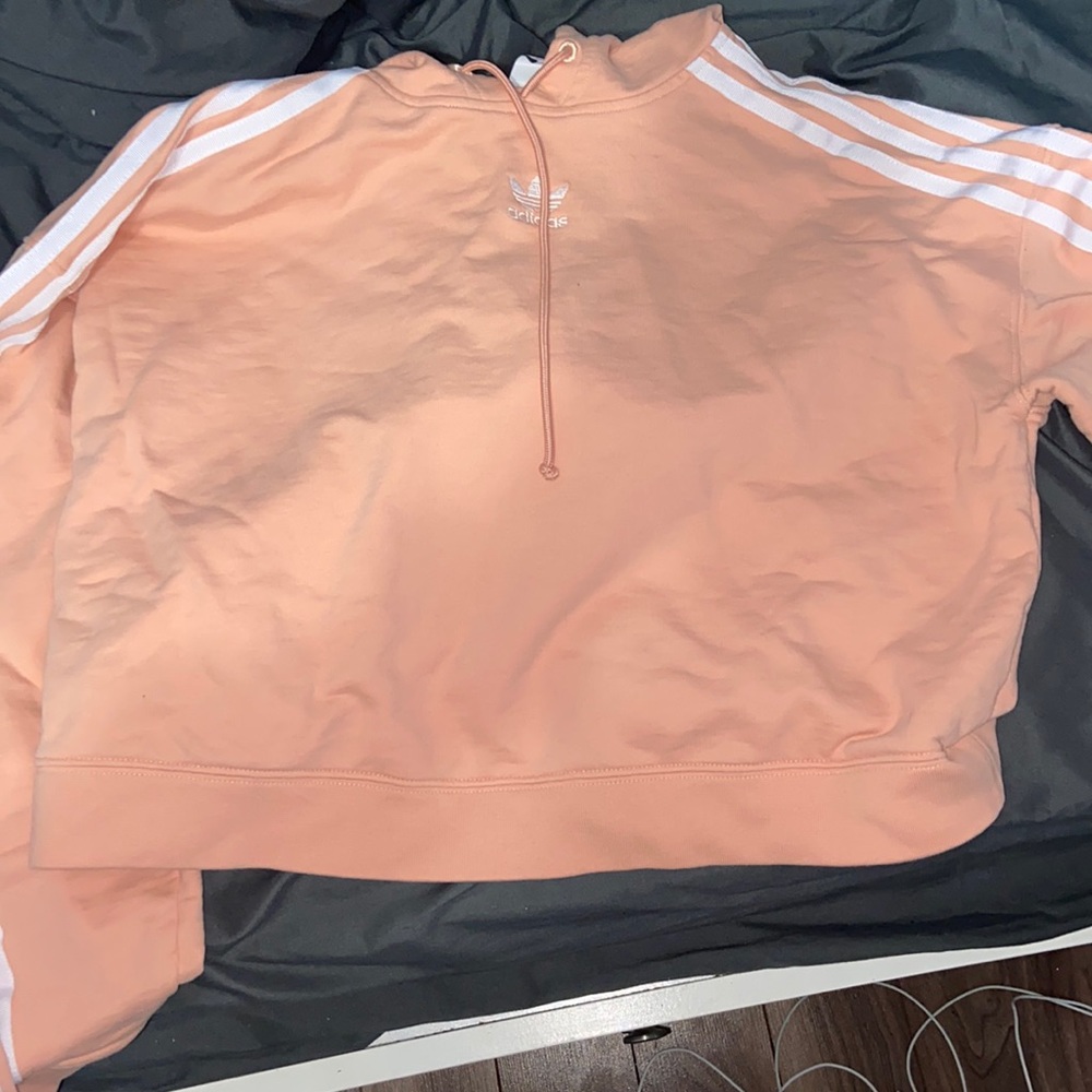 peach adidas cropped hoodie with white stripes